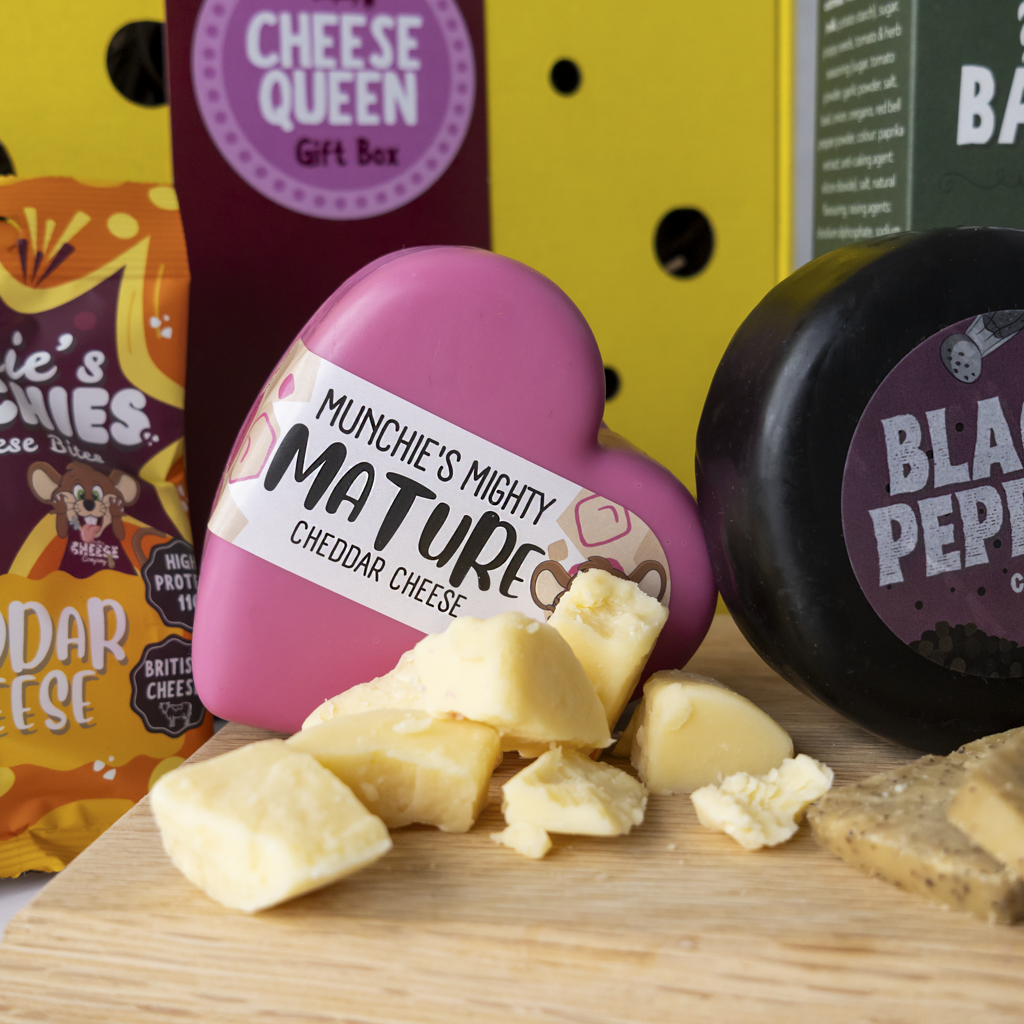 Cheese Queen Gift Box with cheese truckles, cheddar pieces and savoury snacks