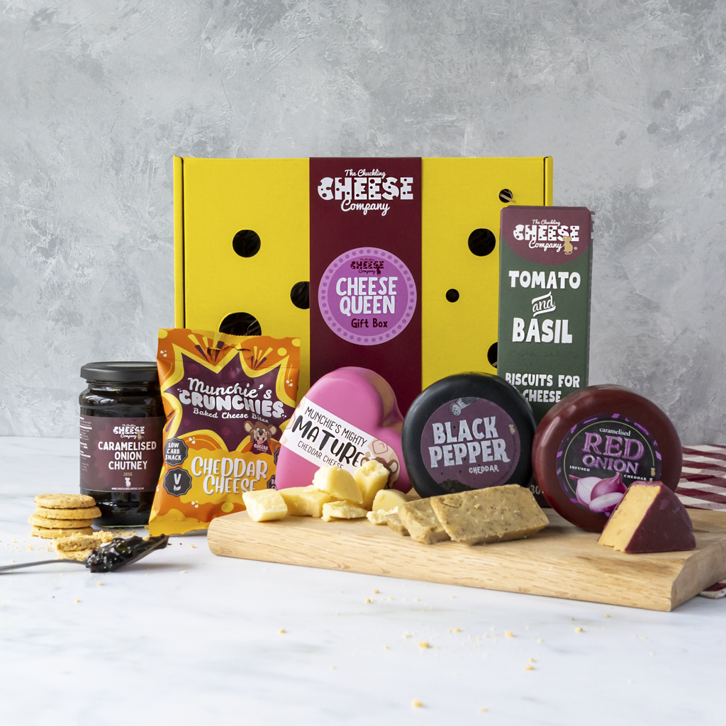 Cheese Queen Gift Box with yellow packaging and artisan cheese selection