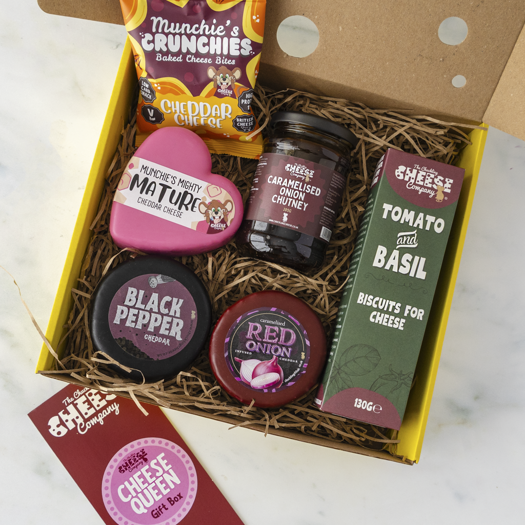 Open Cheese Queen Gift Box with waxed cheddar truckles, biscuits and snacks