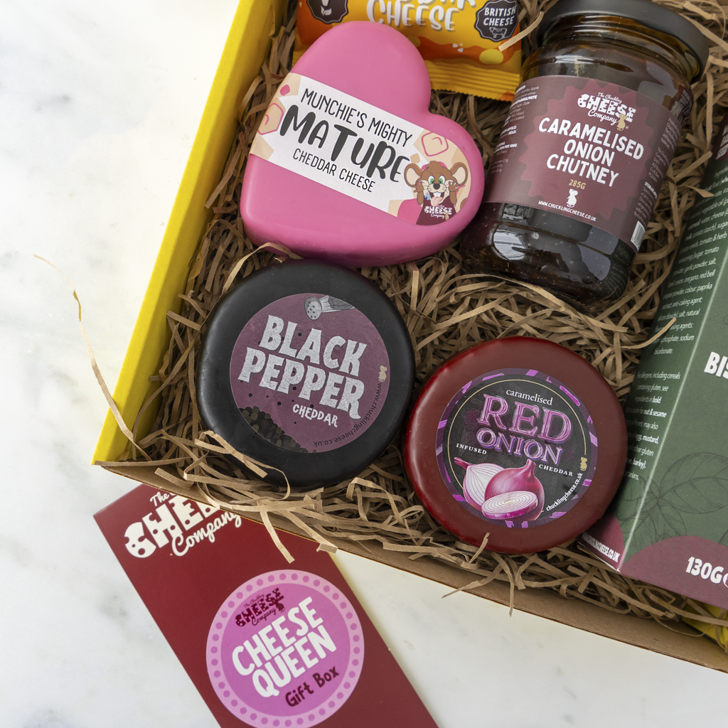 Open Cheese Queen Gift Box with pink heart cheddar and savoury accompaniments