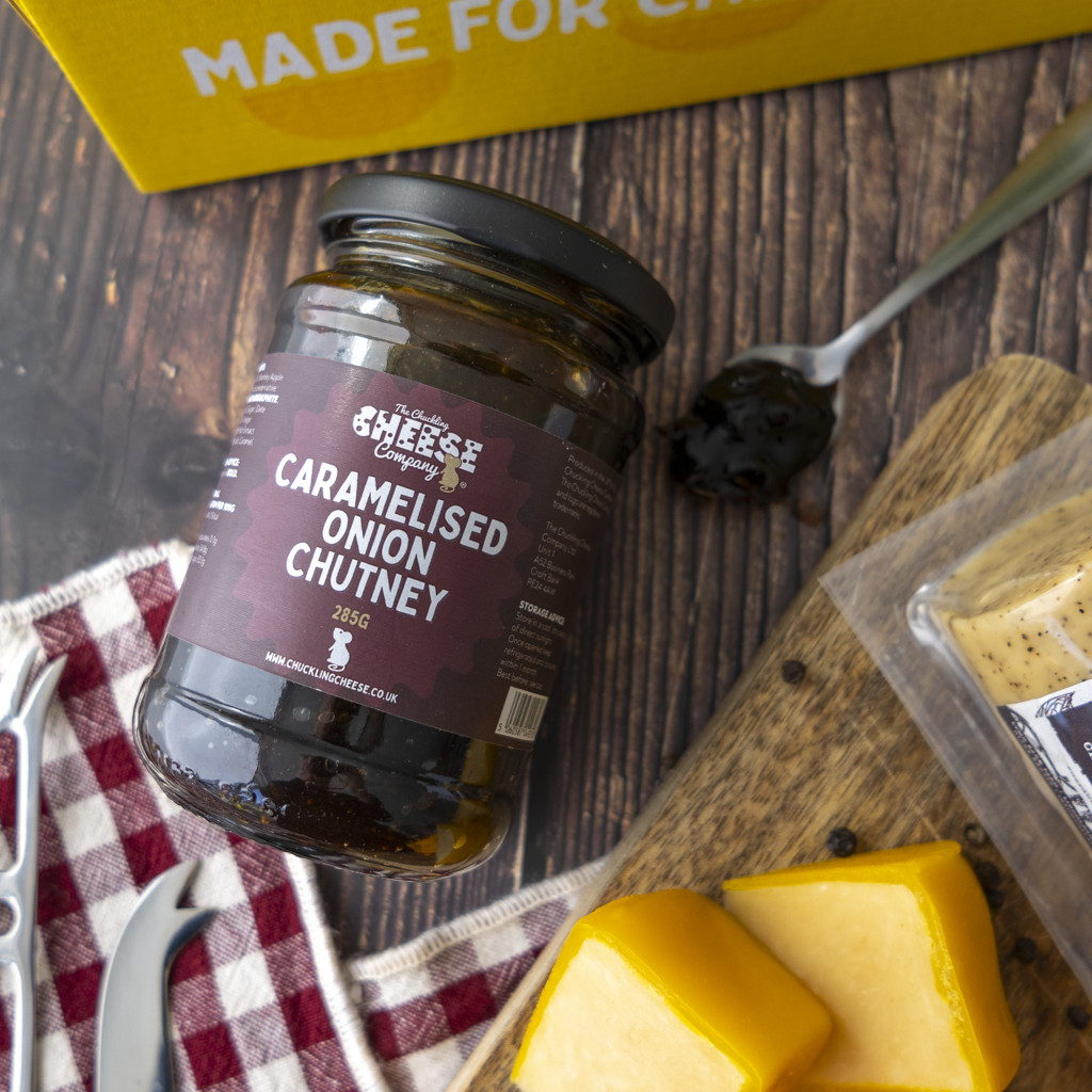 Caramelised Onion Chutney with cheese cubes and Grandad’s The Best Gift Box accompaniments.