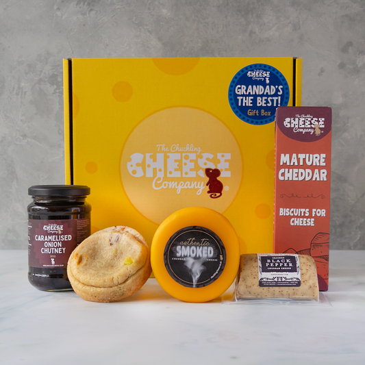 Grandad’s The Best cheese gift box with Smoked Cheddar, Black Pepper Cheddar, Mature Cheddar biscuits, caramelised onion chutney and a savoury pie.