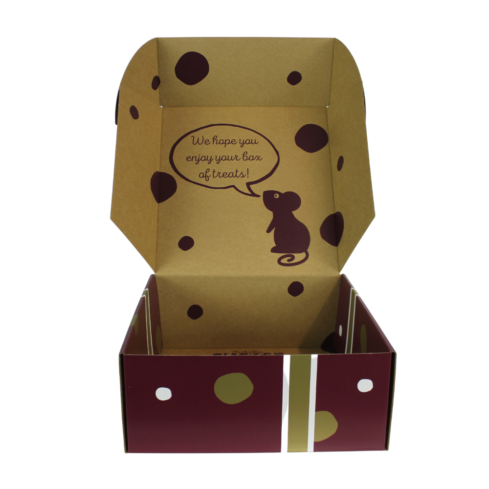 Open Chuckling Cheese hamper box displayed upright with the branded interior visible.