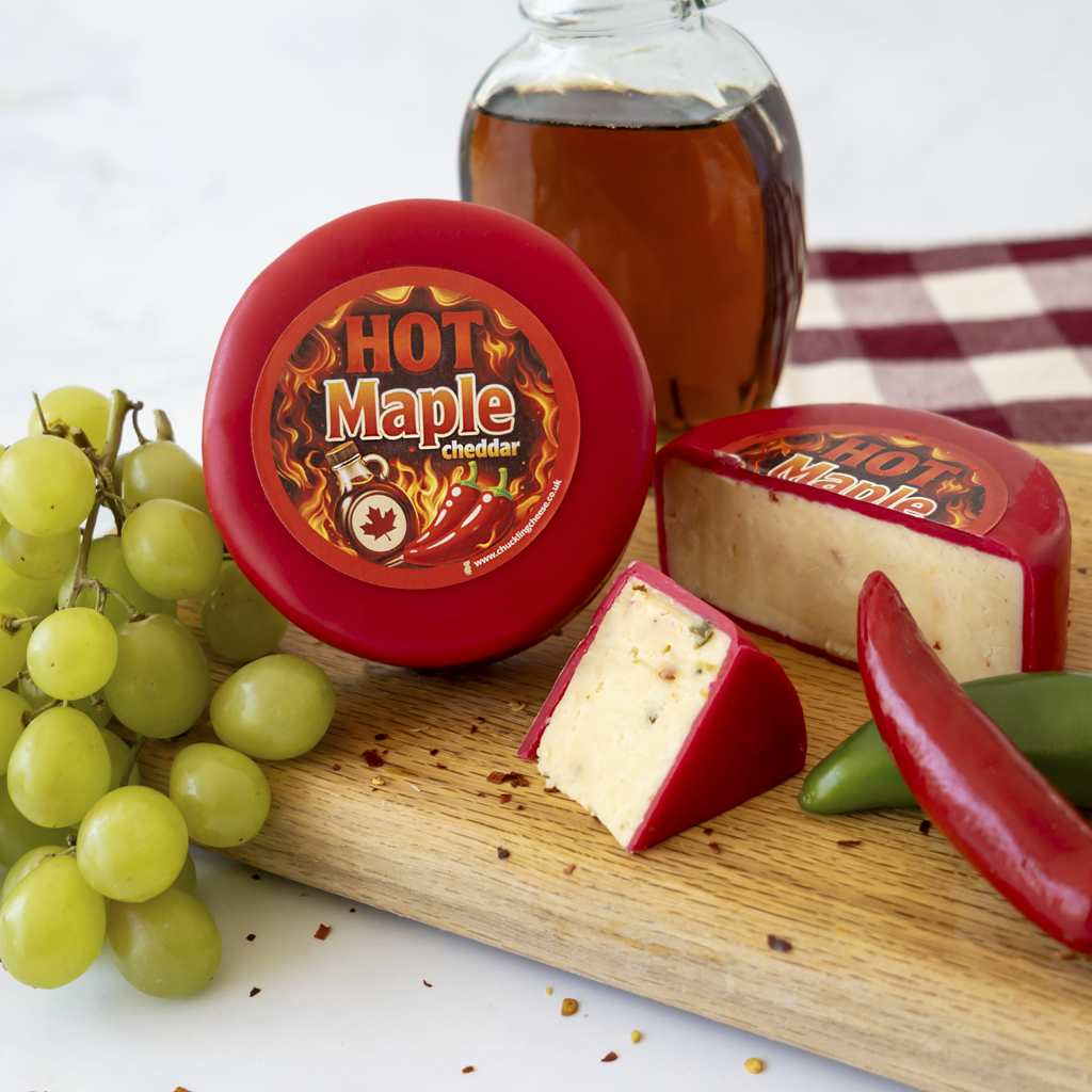Hot Maple Cheddar Truckle with grapes, maple syrup, chilli and cheese wedges