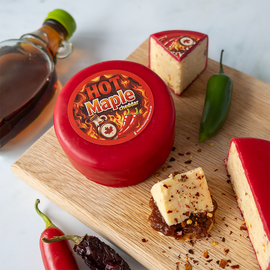 Hot Maple Cheddar Truckle served with crackers, chutney and maple syrup