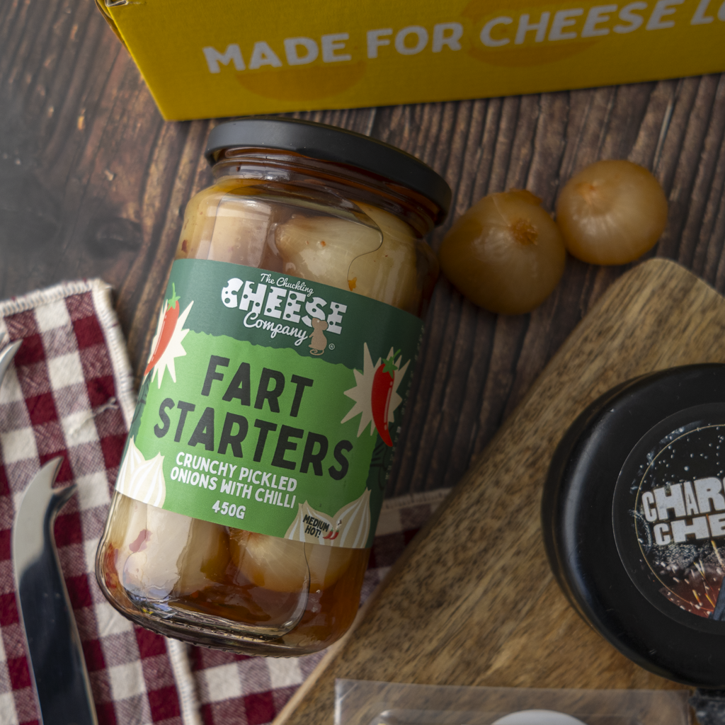 Fart Starters crunchy pickled onions with Charcoal Cheddar and cheeseboard accompaniments.