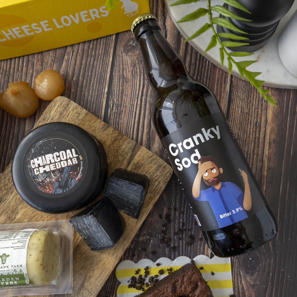 Charcoal Cheddar with Cranky Sod bitter and cheeseboard accompaniments from the Mr Grumpy Gift Box.