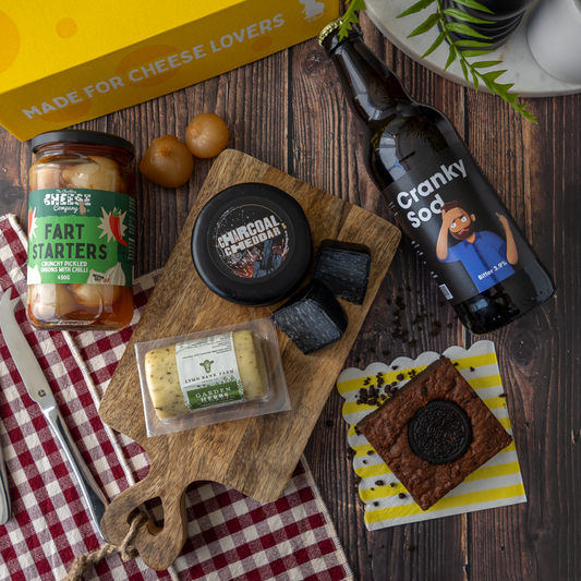 Mr Grumpy Gift Box with Charcoal Cheddar, Garden Herbs Cheddar, Fart Starters pickled onions, Cranky Sod bitter and a brownie treat.