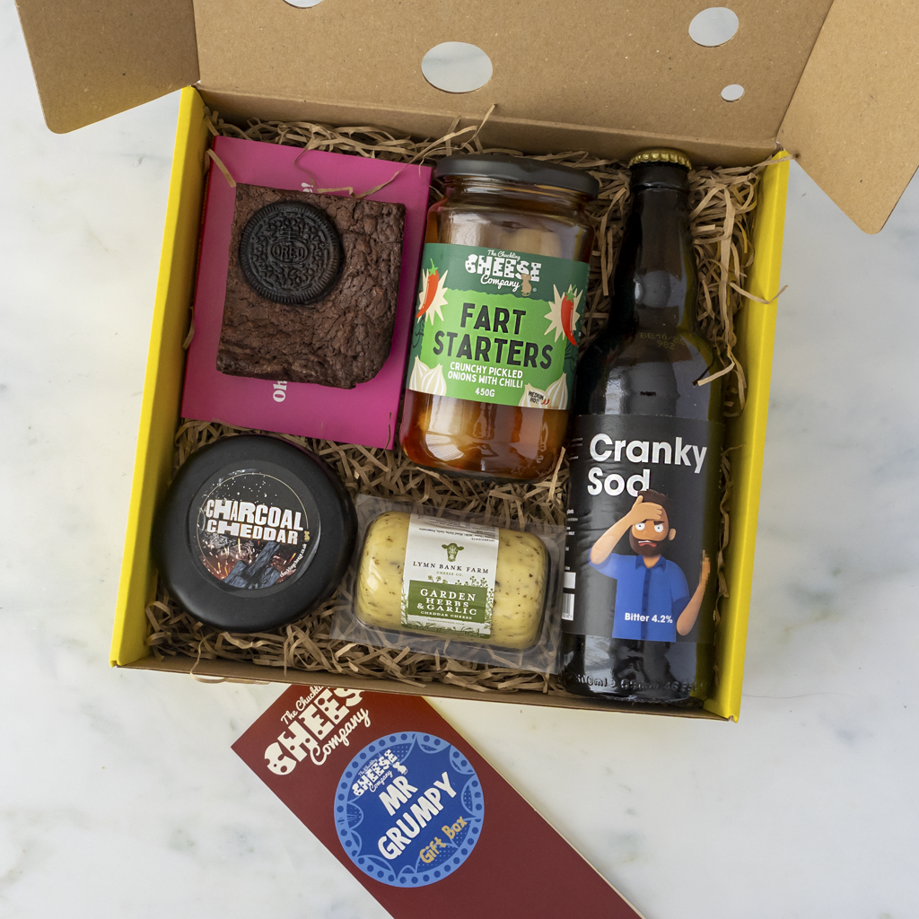 Mr Grumpy gift box with beer, charcoal cheddar, pickled onions and savoury snacks