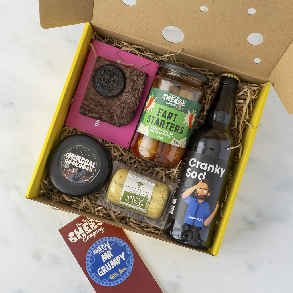 Open Mr Grumpy Gift Box with charcoal cheese, beer, brownie, pickled onions and barrel cheese