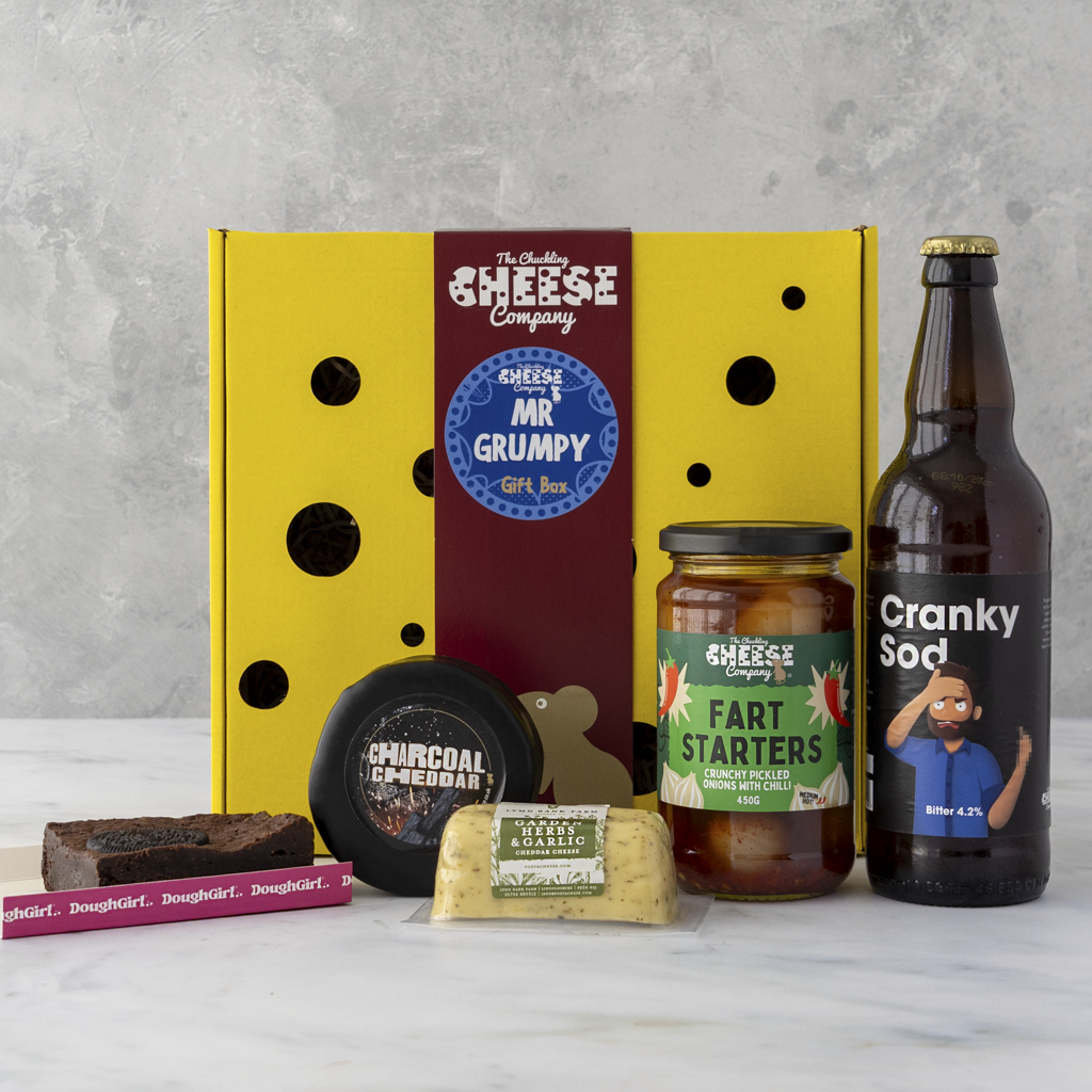 Mr Grumpy Cheese & Beer Gift Box with yellow packaging, cheese, beer and pickled onions