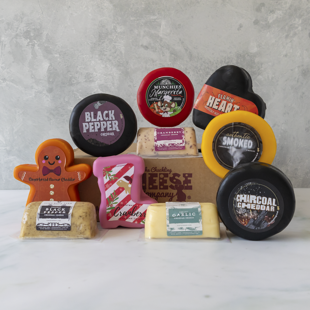 Chuckling Cheese Mystery Box example with cheese truckles, fudge, sweets and chutney