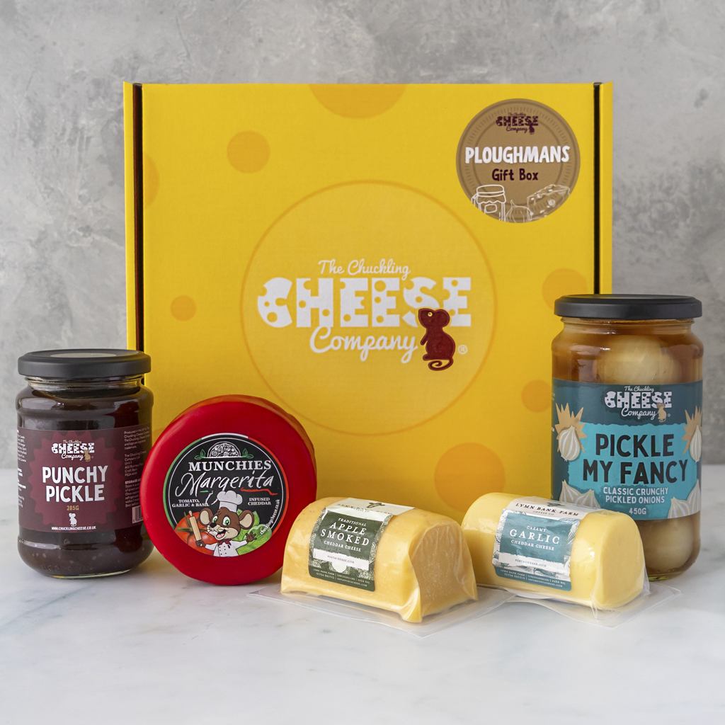Ploughman’s Gift Box with Punchy Pickle, Margarita Cheddar, Apple Smoked Cheddar, Classic Garlic Cheddar and Pickle My Fancy pickled onions.