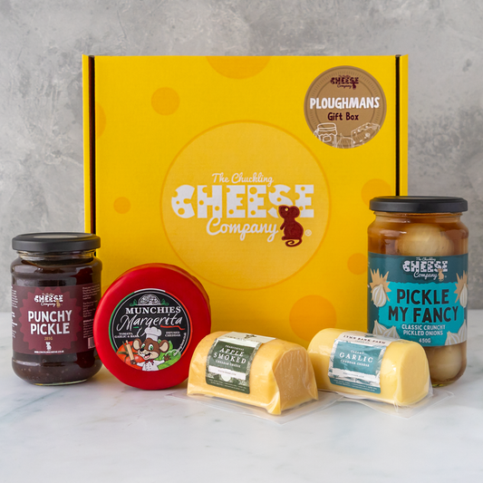 Ploughman’s Gift Box with Punchy Pickle, Margarita Cheddar, Apple Smoked Cheddar, Classic Garlic Cheddar and Pickle My Fancy pickled onions.