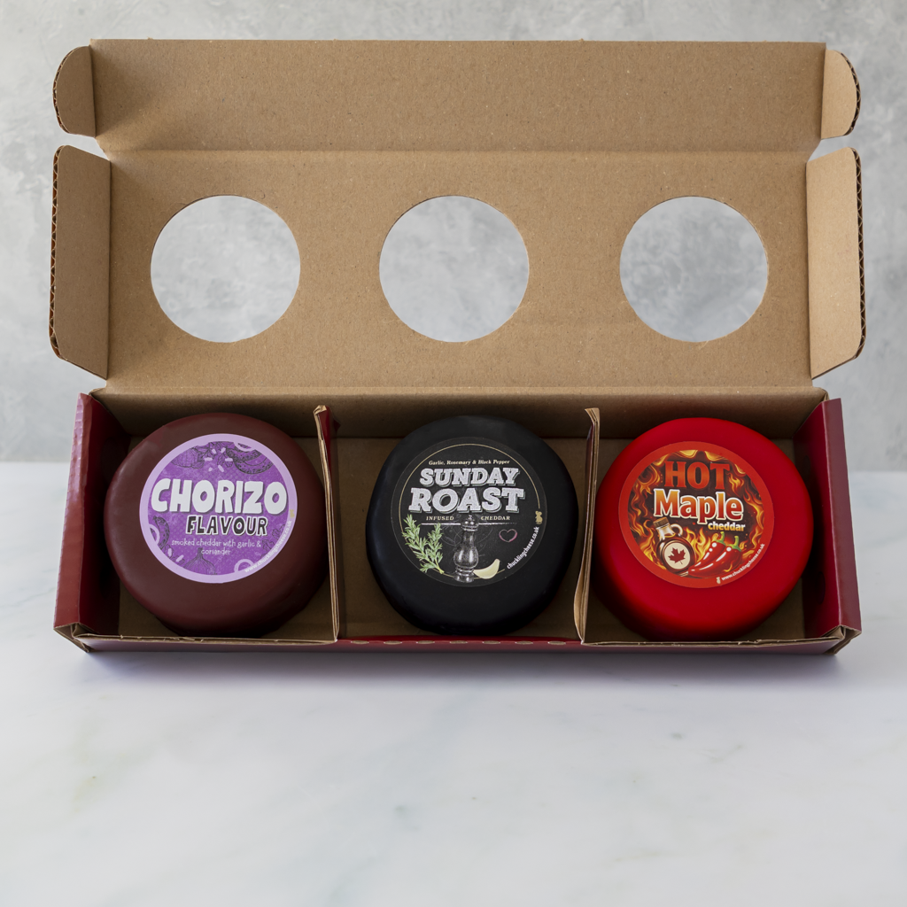 Truckle Selection Box with Chorizo Flavour Cheddar, Sunday Roast Cheddar and Hot Maple Cheddar.