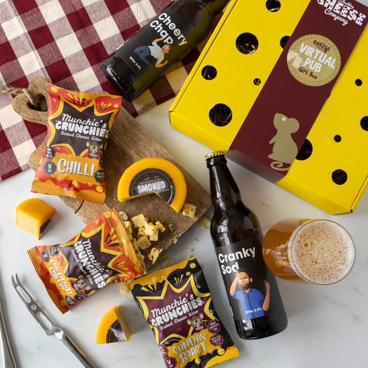 Virtual Pub Gift Box overhead with beer, smoked cheese, Crunchies and yellow gift box