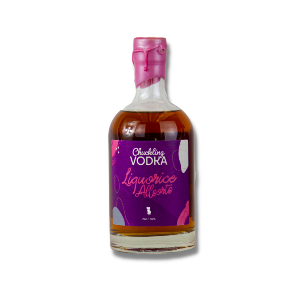 Bottle of Chuckling Vodka Liquorice Allsorts against a white background