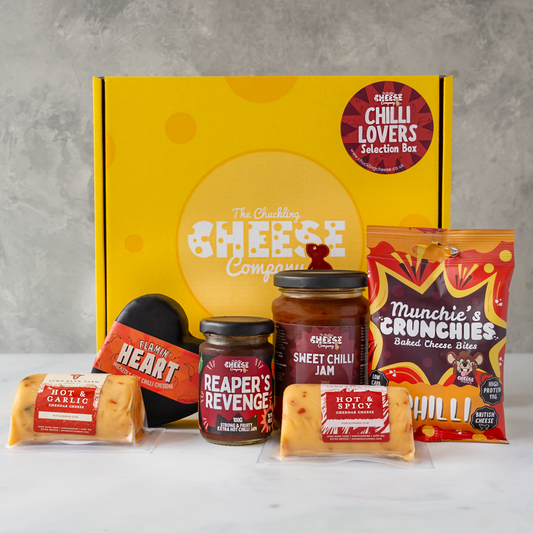 Chilli Lovers Selection Box with spicy cheddar cheeses, Reaper’s Revenge, Sweet Chilli Jam and Chilli Munchie’s Crunchies.
