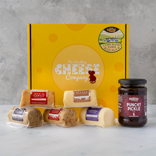 Lymn Bank Farm Gift Pack with Hot & Garlic Cheddar, Ginger Cheddar, Black Pepper Cheddar, Tomato & Basil Cheddar, Strongest Cheddar and Punchy Pickle.