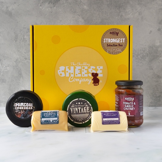 Strongest Selection Box with Charcoal Cheddar, Intense Vintage Cheddar, Smoking Barrels Cheddar, Strongest Cheddar and Tomato & Garlic Chutney.