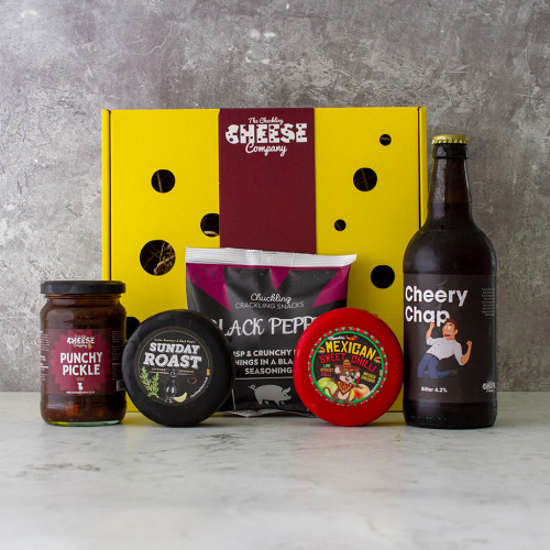 An image of the festive beer and cheese box availble to purchase from the chucking cheese company