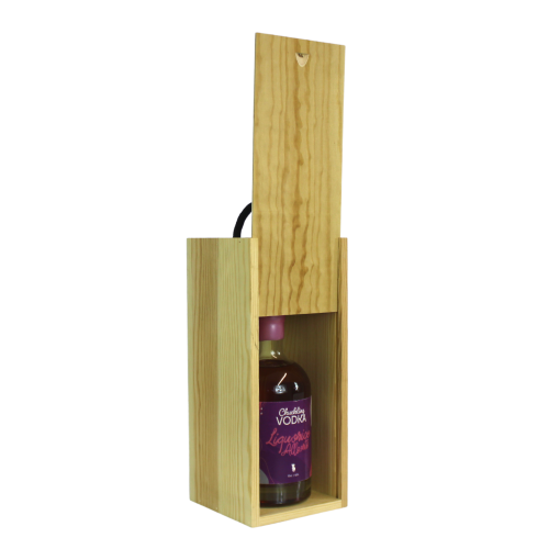 A side view image of the Chuckling Cheese Wooden Spirits Box open with 70cl Chuckling Cheese Liquourice Allsorts Vodka inside.
