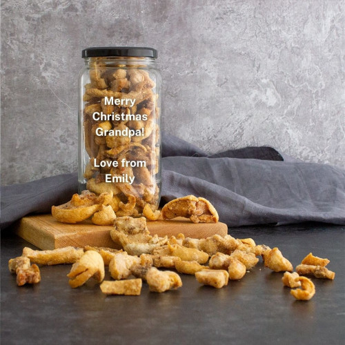Habanero Pork Scratchings Personalised Gift Jar, Available Now at The Chuckling Cheese Company 