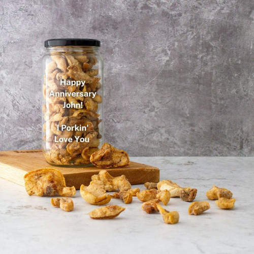 BBQ Pork Scratchings Personalised Gift Jar, Available Now at The Chuckling Cheese Company 