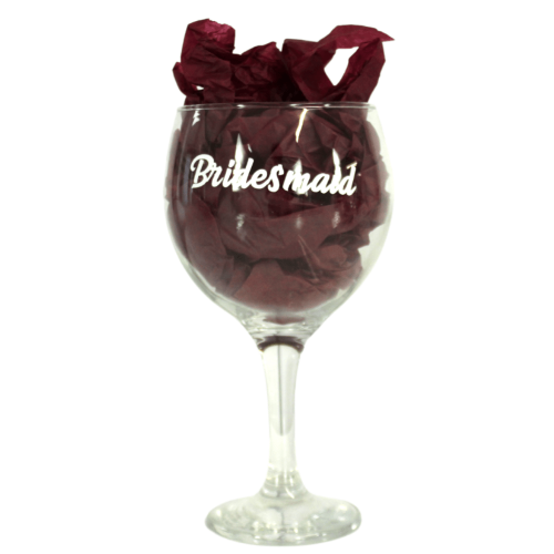 A Chuckling Cheese Gin Glass With Bridesmaid Engraved on the Front.