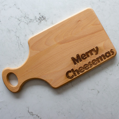 Merry Cheesemas Beech wood board availble to purchase from the chuckling cheese company