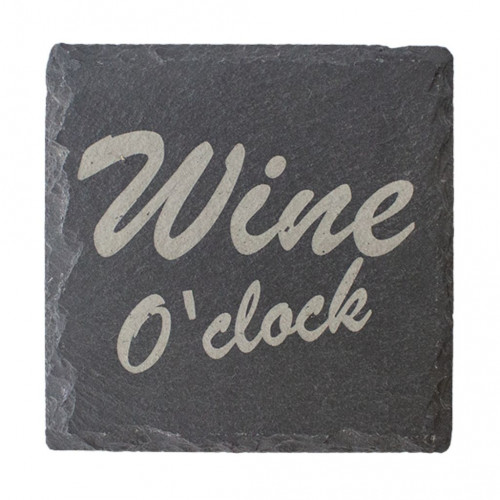 White background image of a single slate coaster printed with wine o'clock