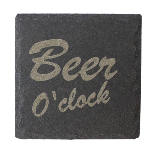 White background product image of a slate coaster printed beer o'clock