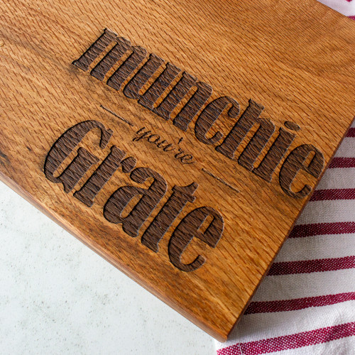 A close up image of the Chuckling Cheese Personalised Name 'You're Grate' Oak Cheeseboard. Personalise this cheeseboard with your chosen name.