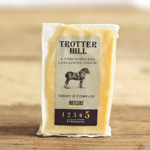 A product shot of a 250g wedge of Trotter Hill Cheese by Butlers Cheese in packaging.