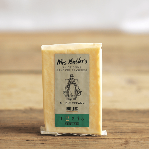 A product shot of a 250g wedge of Mrs Butler's Lancashire Cheese by Butlers Cheese in its packaging.