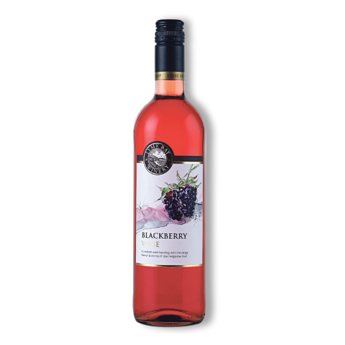 A white background image of a 75cl bottle of Lyme Bay blackberry wine.