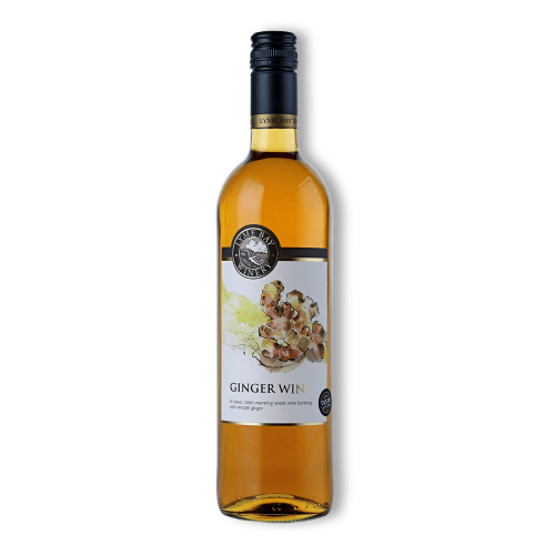 A white background image of a 75cl bottle of Lyme Bay ginger wine.