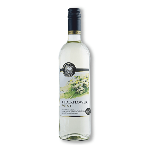 A white background image of a 75cl bottle of Lyme Bay elderflower wine.
