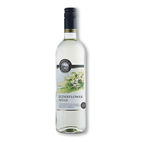 A white background image of a 75cl bottle of Lyme Bay elderflower wine.