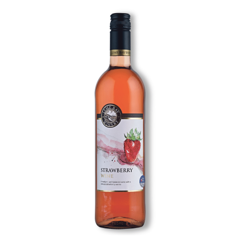 A white background image of a 75cl bottle of Lyme Bay strawberry fruit wine.