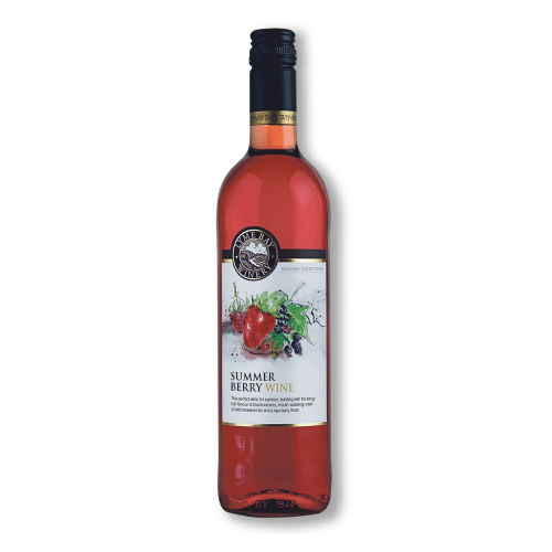 A white background image of a 75cl bottle of Lyme Bay summer berry wine.