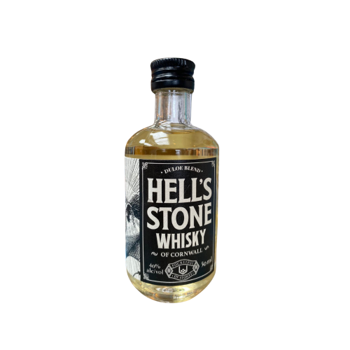A 5cl bottle of Hell's Stone Whisky on a white background.