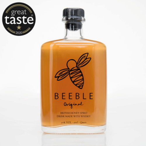 A product shot of a bottle of Beeble Original British Honey Spirit Made With Whisky on a white background.