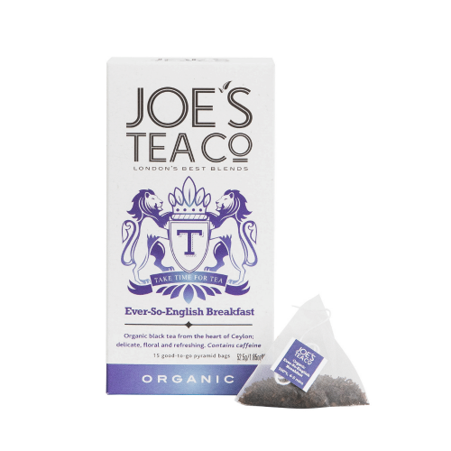 A white background image of a box of Joe's Tea Ever-So-English Breakfast Teabags.