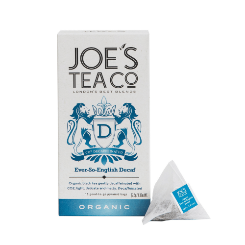 A white background image of a box of Joe's Tea Ever-So-English Decaf teabags.