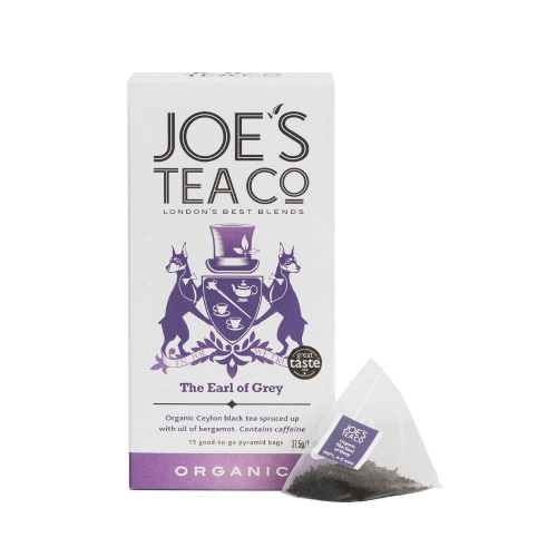 A white background image of a box of Joe's Tea The Earl of Grey Teabags.
