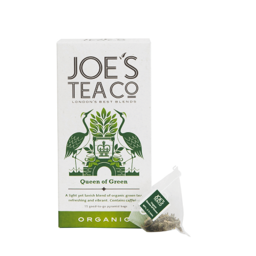 A white background image of a box of Joe's Tea Queen of Green teabags.
