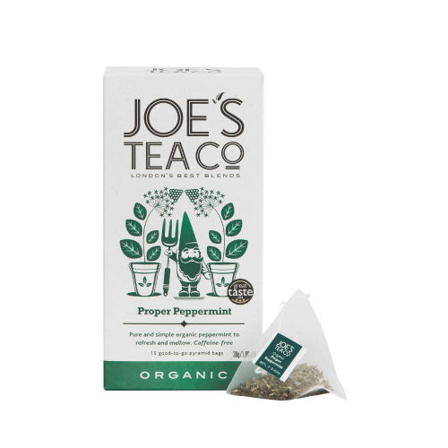A white background image of a box of Joe's Tea Proper Peppermint teabags.