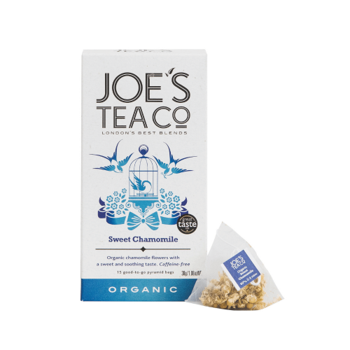 A white background image of a box of Joe's Tea Sweet Chamomile Teabags.