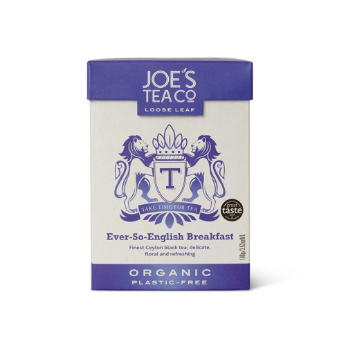 A white background image of a box of Joe's Tea Ever-So-English Breakfast Tea.